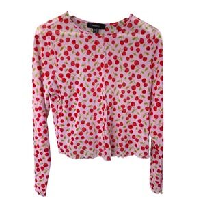 Forever 21 Y2K Cherry Print Mesh Long Sleeve Top Pink‎ Sheer Lettuce Hem Size OX
